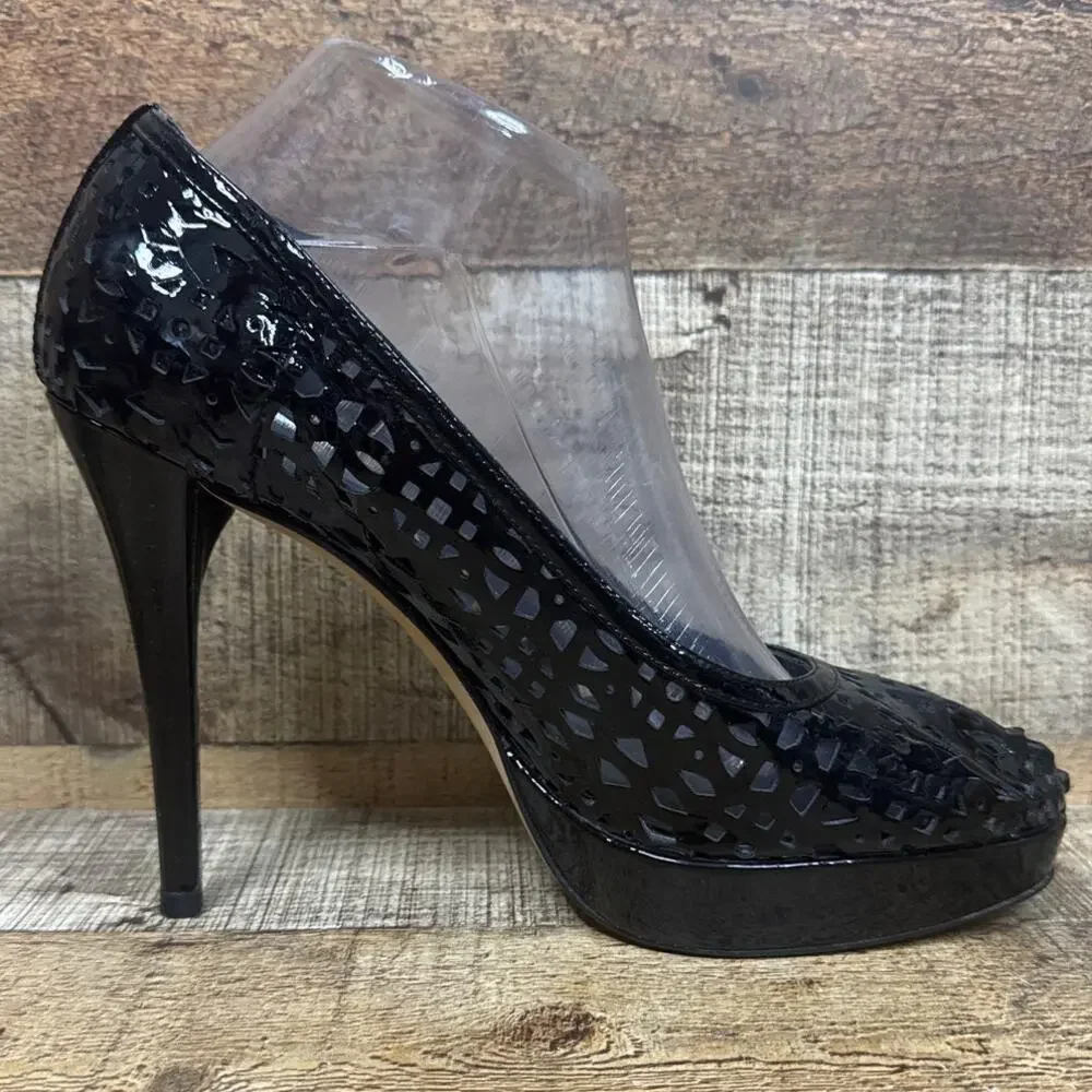 Stuart Weitzman Black Patent Leather Laser Cut Perforated Stiletto Heels SZ 9